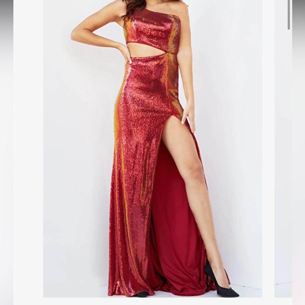 22855A jovani red. Iridescent Sequin cutoutdress